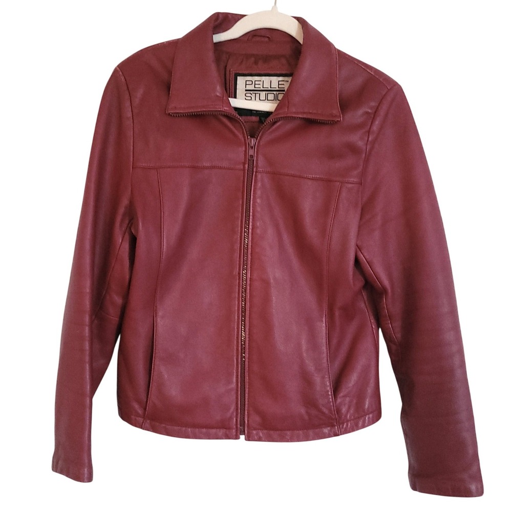Pelle Studio Wilsons Leather Jacket Vintage Large Burgundy Red‎ Zip Up Collared